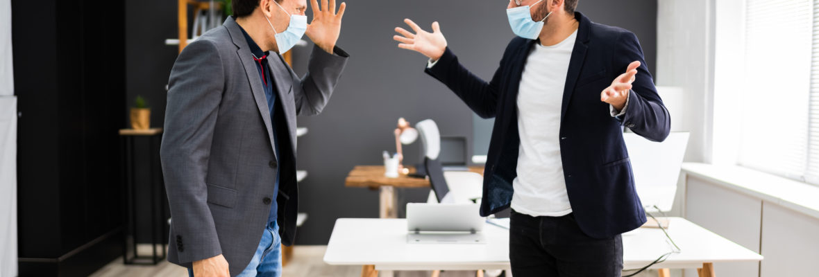 Angry Bully Fighting At Work. Workplace Dispute