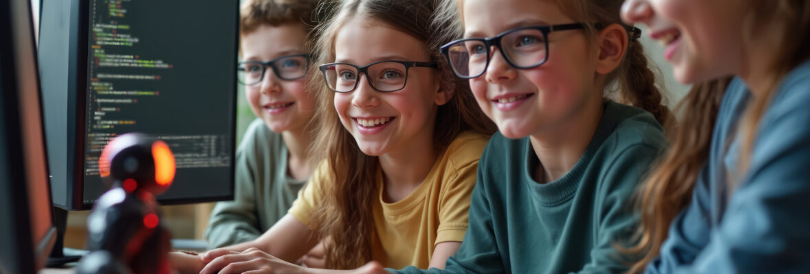 Eine Gruppe von Kindern mit Brille lernt Programmieren. Sie arbeiten am Computer, lernen Code und interagieren mit Robotern.